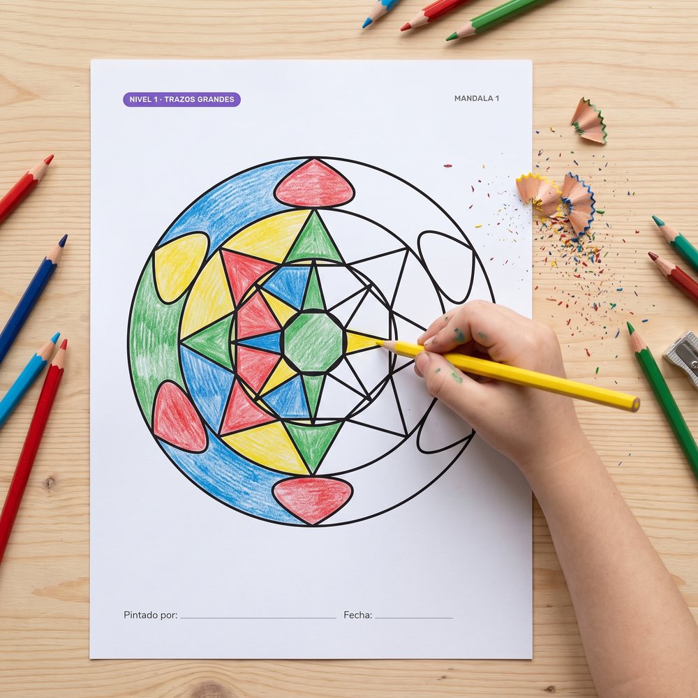 Niño pintando uno de los mandalas del regalo con lápices de colores