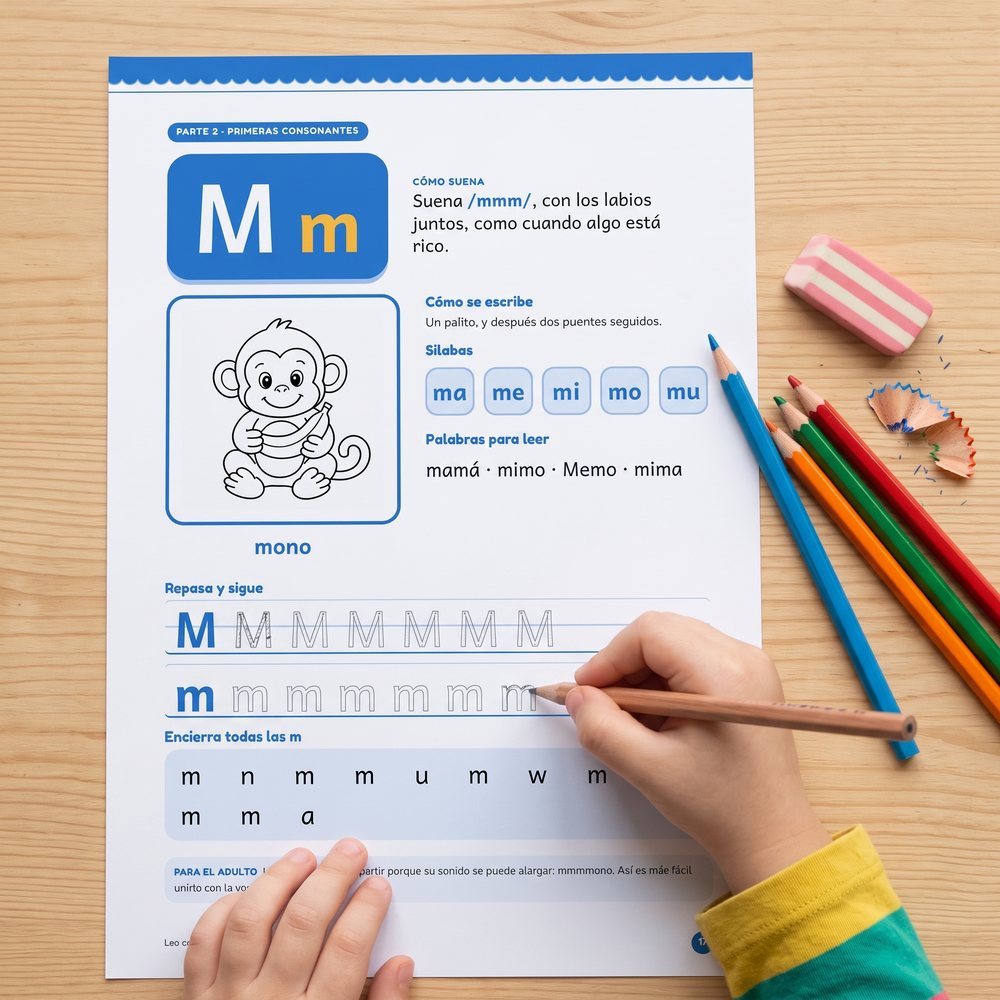 Niño repasando la letra M en la página del cuaderno con lápices de colores