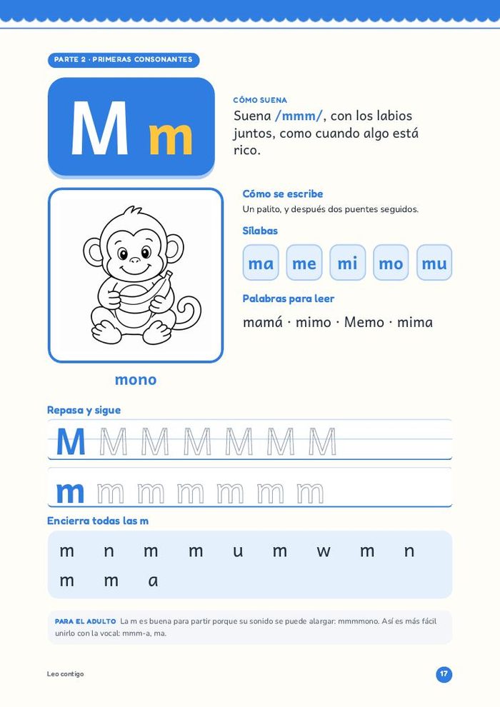 Página: la letra M con sílabas, palabras y líneas de repaso